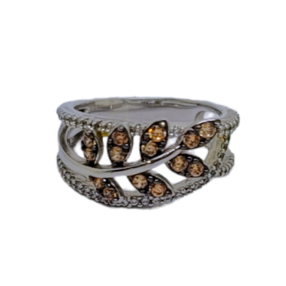Platinum Plated 925 Silver Round Champagne and White Diamond Simulant Ring S 4.5 - Picture 1 of 5
